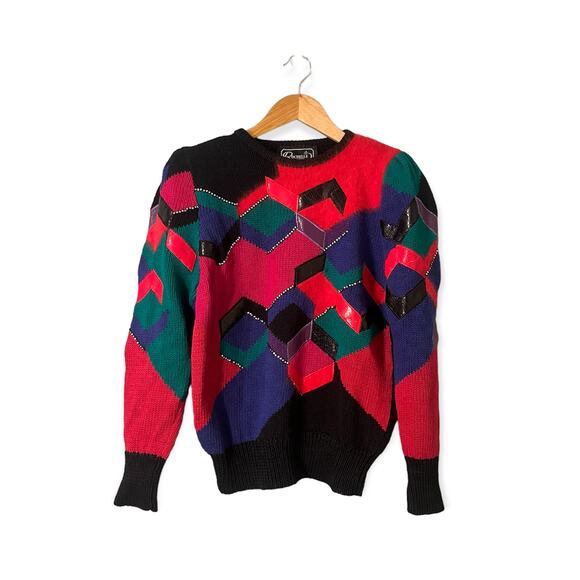 Vintage 80s Sweater Small Leather Angora Geometric Color Block Funky Retro - Picture 1 of 10